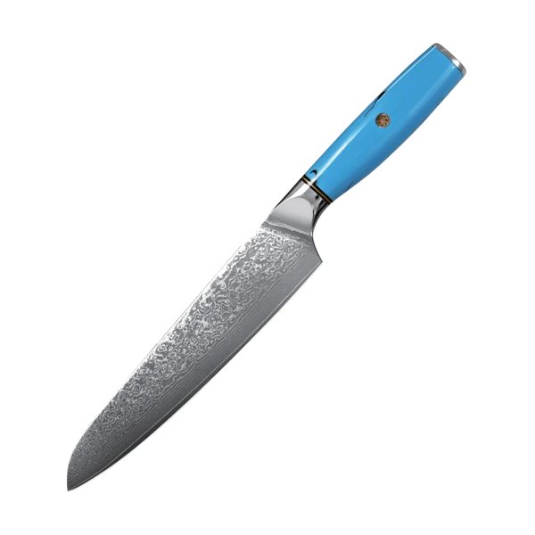Damascus pattern chef's knife — blue handle