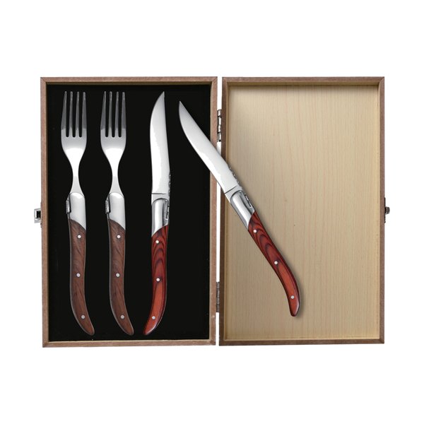 Steak knife set in wooden gift box — dark handles — photo code W-1787