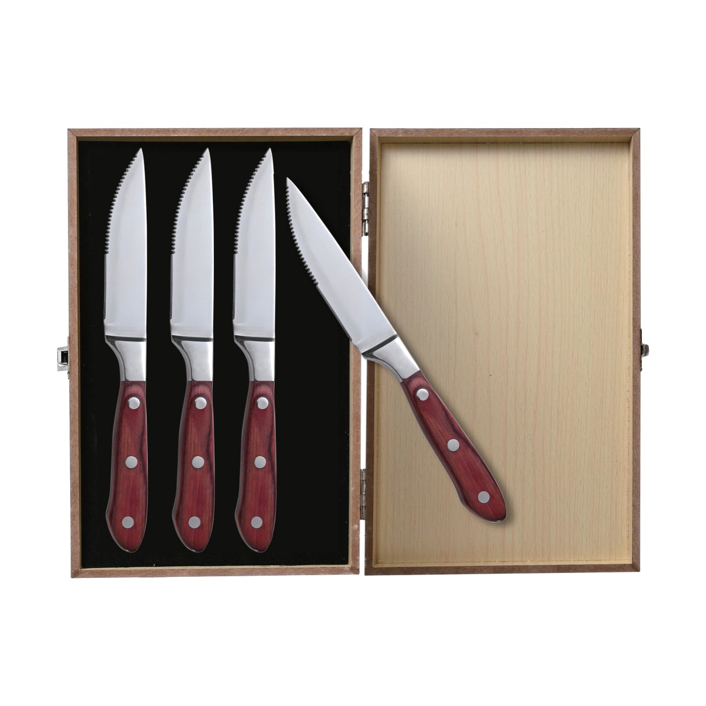 Steak knife set in wooden gift box — red wood handles · W-4939