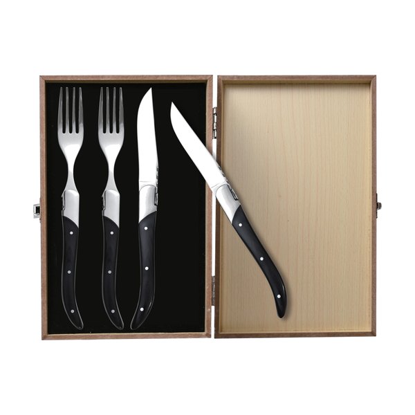 Steak knife set in wooden gift box — dark handles — photo code W-7575